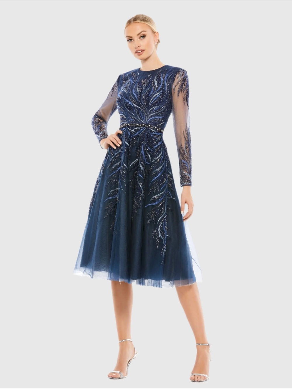 NWT MAC DUGGAL Navy Embellished Tea-Length Illusion Cocktail Dress size 4
